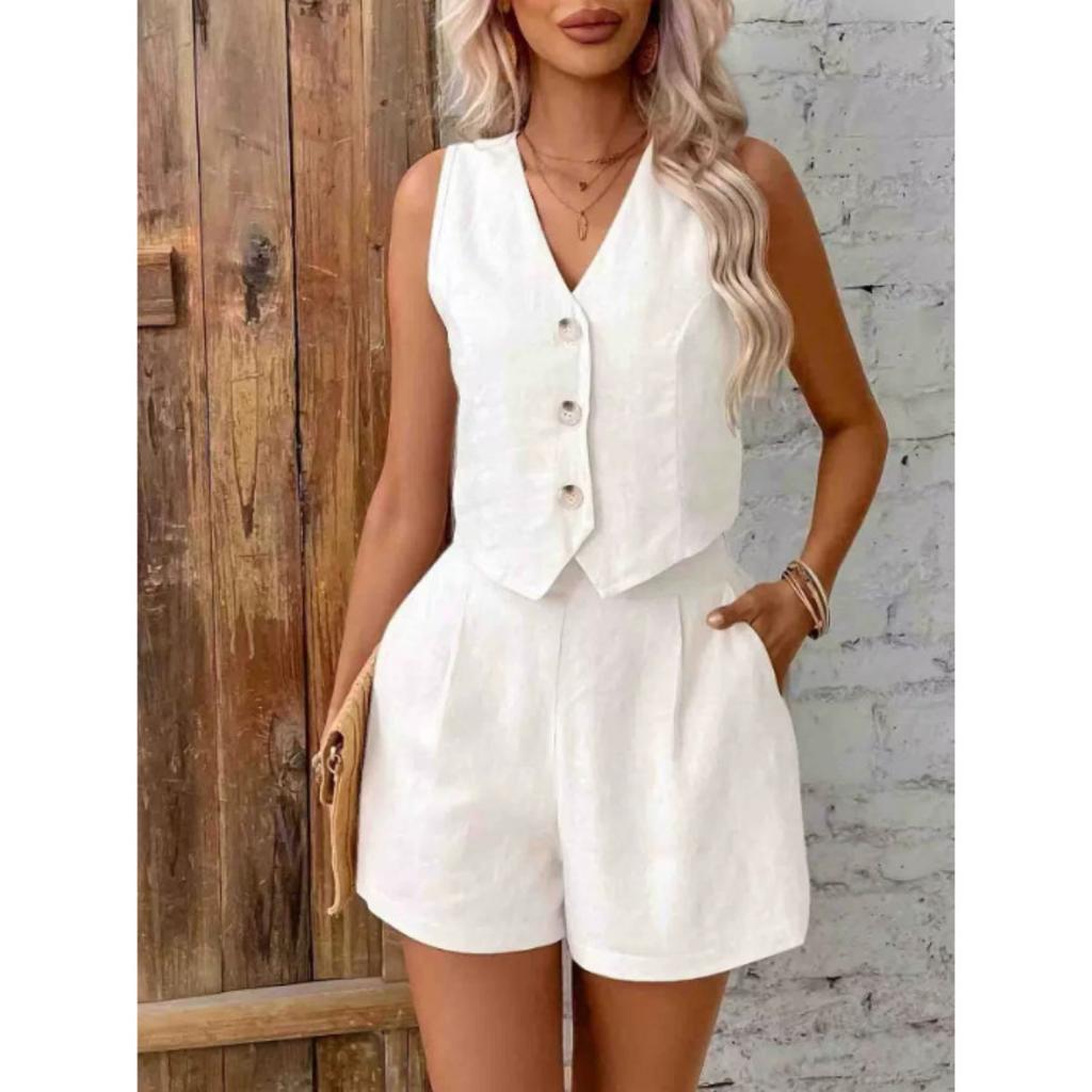 Two Piece Women's Sleeveless Plus Size Women's Solid Color Button Vest Set