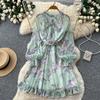 French Print Light Mature Style Dress Women's Summer Long-sleeved Slim-fitting Waist A-shaped Dress Commuting Elegant Vacation Style