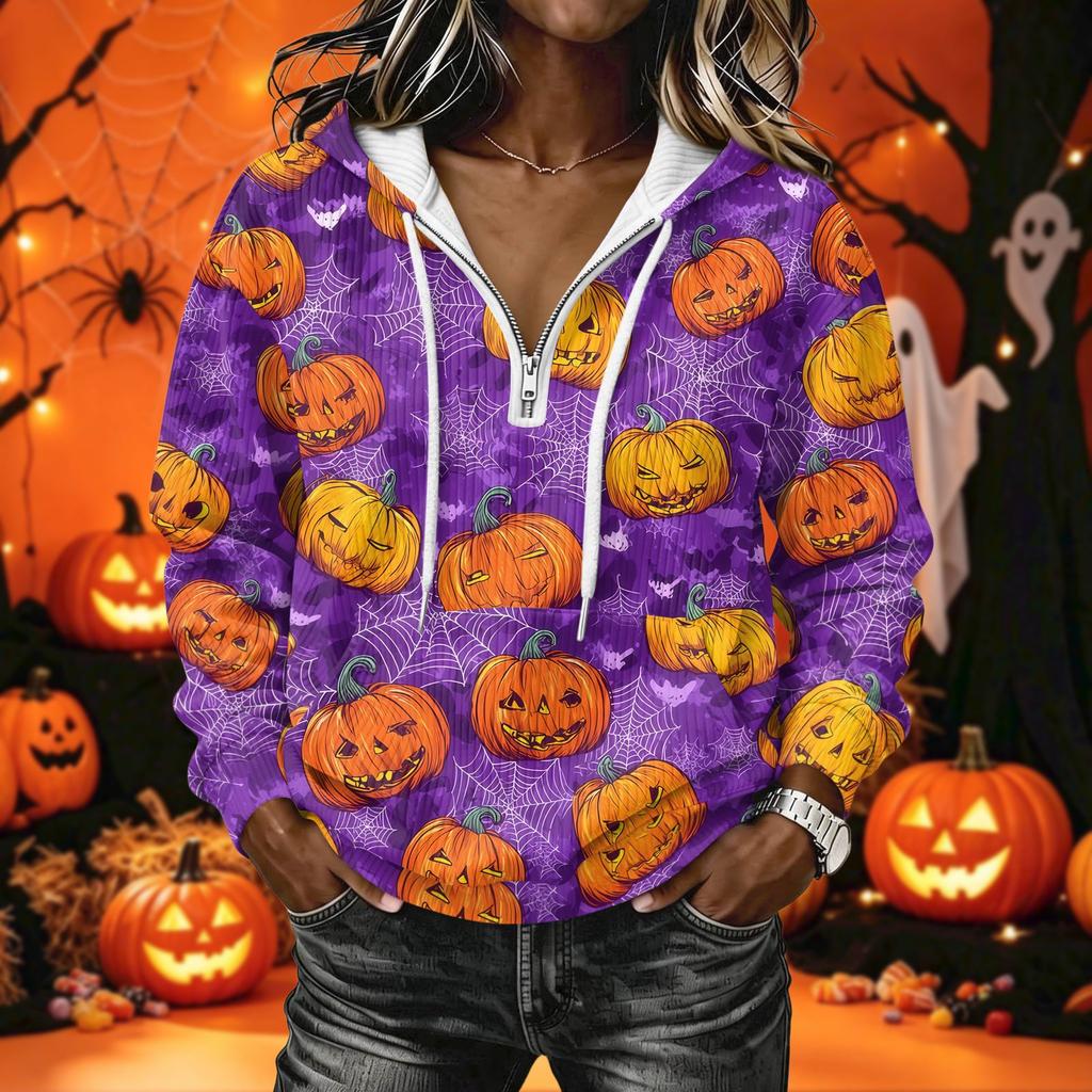 Women's Long Sleeve Halloween Print Pullover Hoodie Sweatshirt with