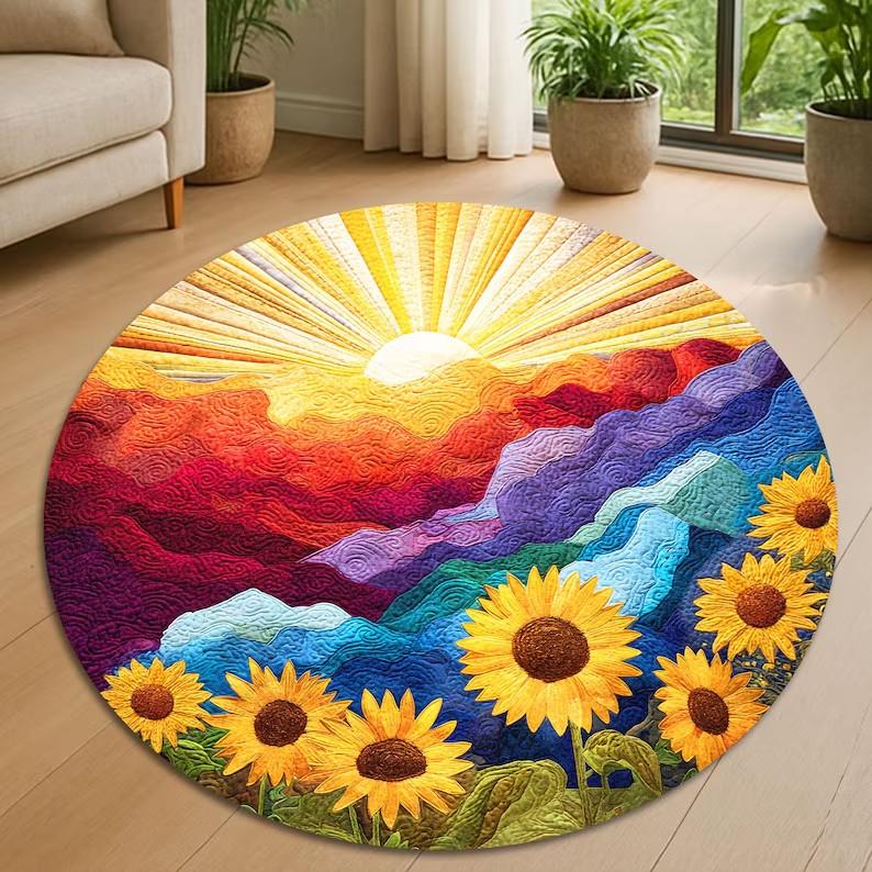 Sunflower Round Rug Sunrise Landscape Colorful Quilted Effect Flannel Circle Carpet for Living Room Nature Inspired Sun Rug Gift 40x40cm