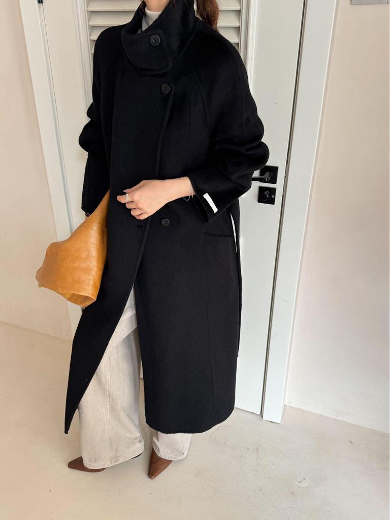 Hepburn-Style Stand-Up Collar Double-Faced Wool Coat for Women - Extra-Long, High-End, Tie-Up Design for Autumn and Winter 2025