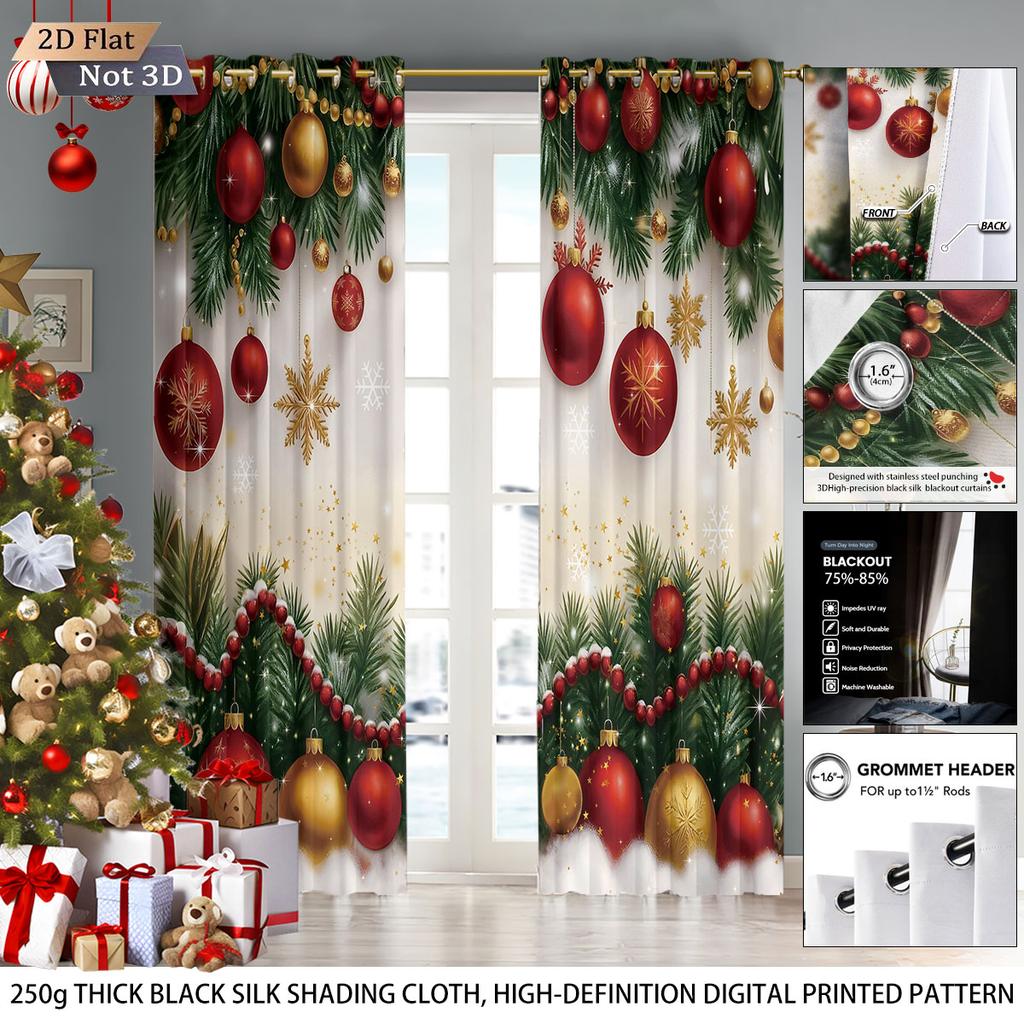 Color Christmas Ball Printed Perforated Curtains Insulation Multi Size Living Room Bedroom Holiday Decoration Set Of 2 Made Polyester Decor