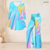 Women Plus Size V Neck Three Quarter Sleeve Printed Flared Top And Flared Pants Two Piece Set