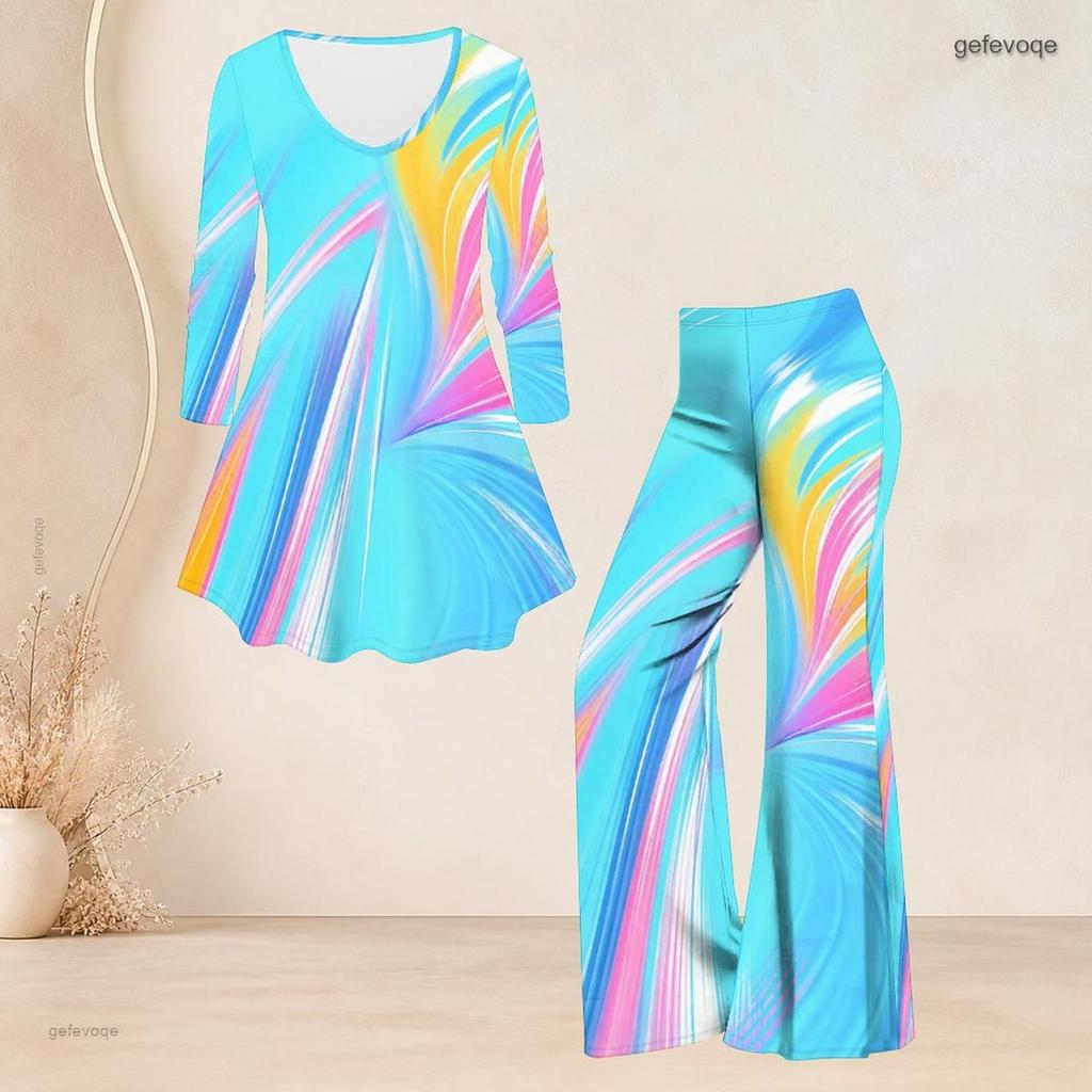 Women Plus Size V Neck Three Quarter Sleeve Printed Flared Top And Flared Pants Two Piece Set