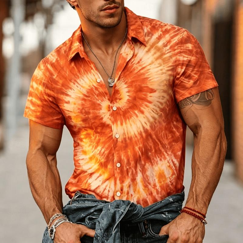

Men s Red White Blue Tie Dye Spiral Print Short Sleeve Shirt, Retro Hippie Button Up Shirt for Spring & Summer 5XL