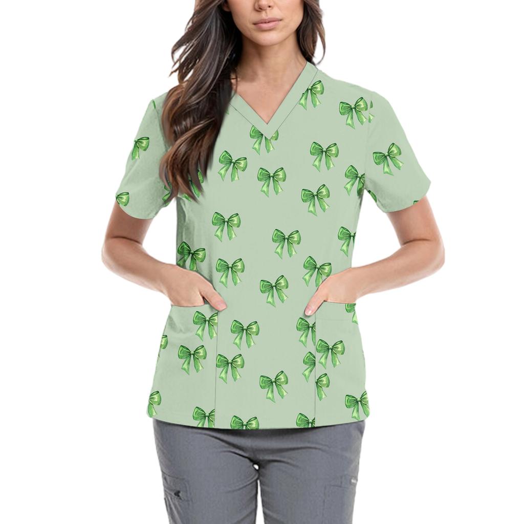 Women's Cute Bow Printed Work Clothes V-neck Double Layer Pockets Basic Short Sleeve Top Pullover
