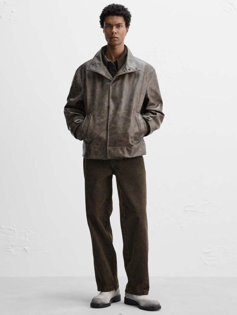 Original - Men's European and American style stand-up collar imitation leather jacket, American brown leather jacket, autumn coat