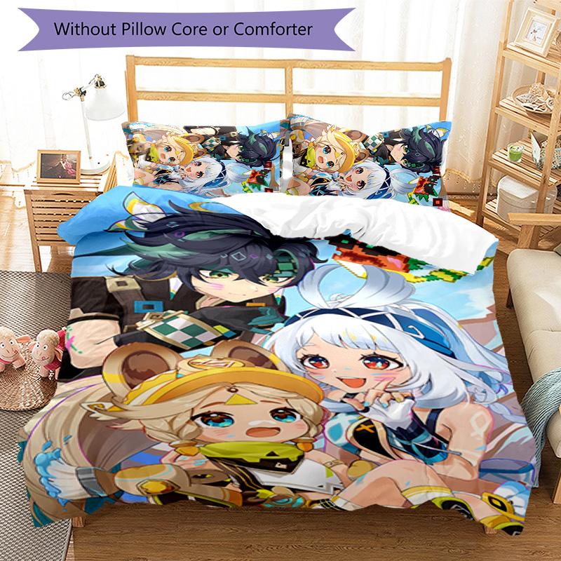 Set lenzuola con motivo personaggi Genshin Impact 3 pezzi set copripiumino include copripiumino e federe, decorazione camera da letto e regalo perfetti per tutte le stagioni