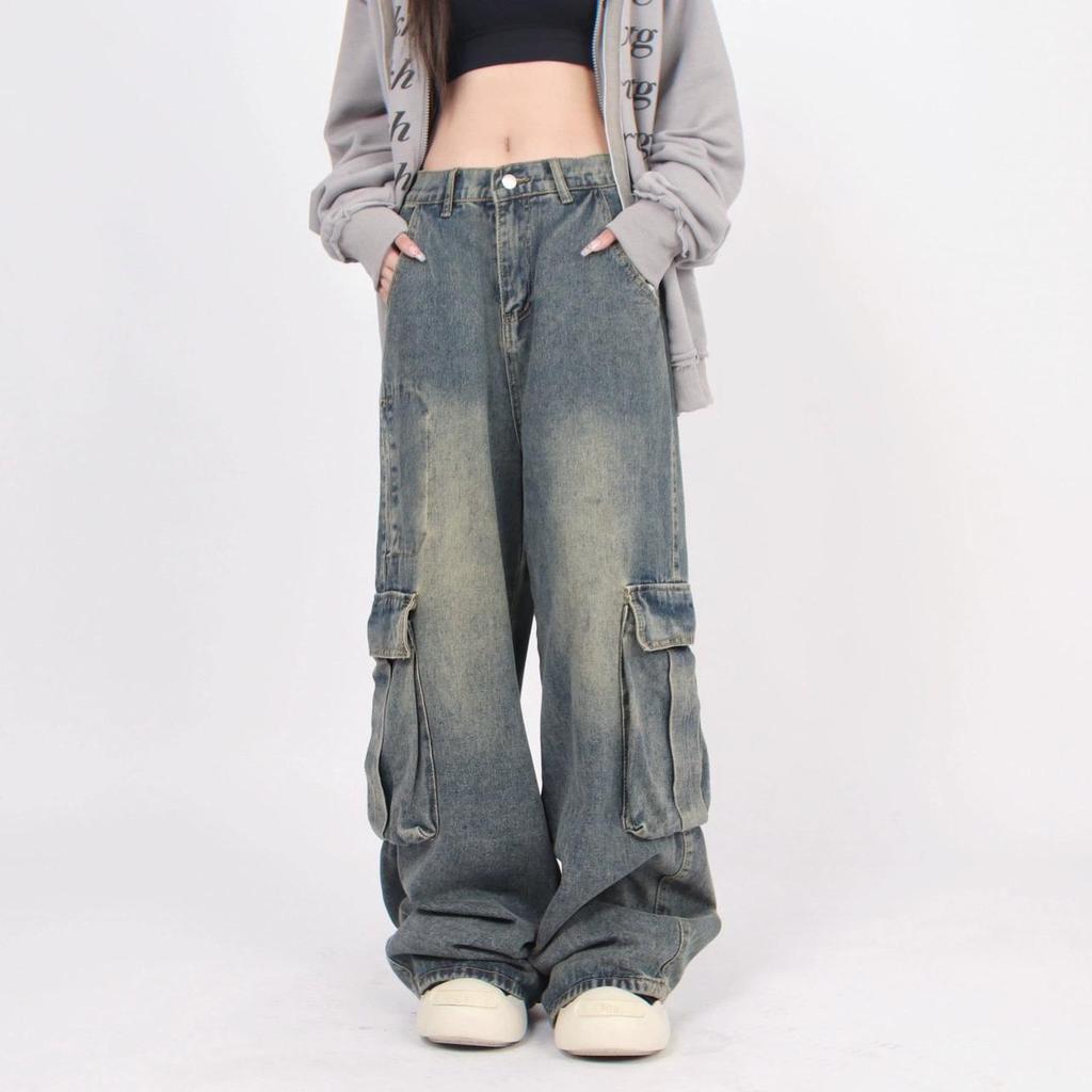 Unisexové retro džíny s více kapsami a distressed úpravou: Neformální kombinézy z hlavní ulice