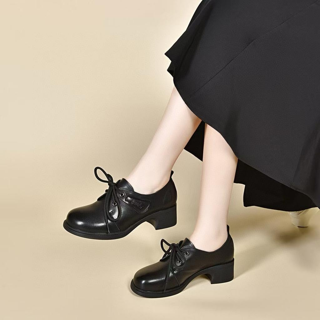 Round head small leather shoes women's autumn new mid-heel lace-up four-season small single shoes casual shoes