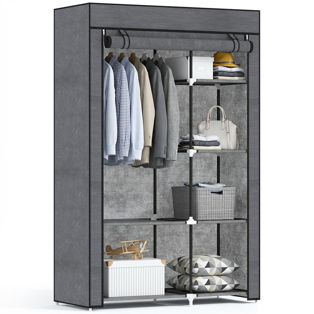 Fabric Wardrobe w/ Shelves Hanging Rail Foldable Wardrobe Dark Grey
