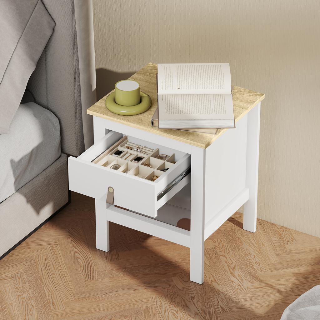 Nightstand, 1 Drawer, Open Compartment, PU Handle, 45x40x55 Cm, White
