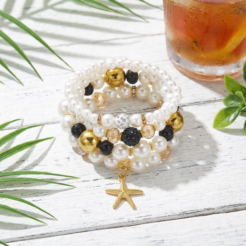Multilayer Boho Imitation Pearl Crystal Elastic Bracelets Set for Women Starfish  Chain Beads Bracelet Beach Party Jewelry Gift
