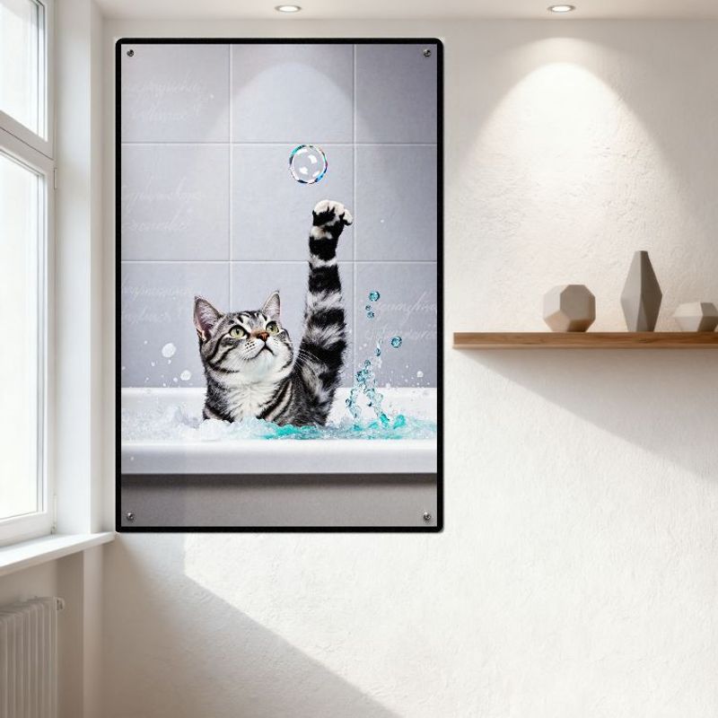 Gray & White Tabby Cat In White Bathtub with Blue Water & Bubbles - Iridescent Soap Bubble Catching Scene Tin Sign Metal Poster