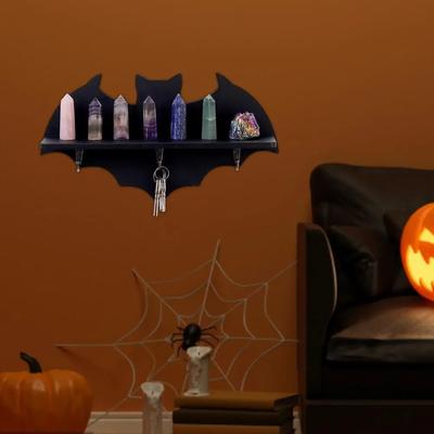 Gothic Spooky Black Bat Crystal Shelf Multi-functional Heavy Duty Wooden Storage Rack with 3 Hooks for Home Supplies