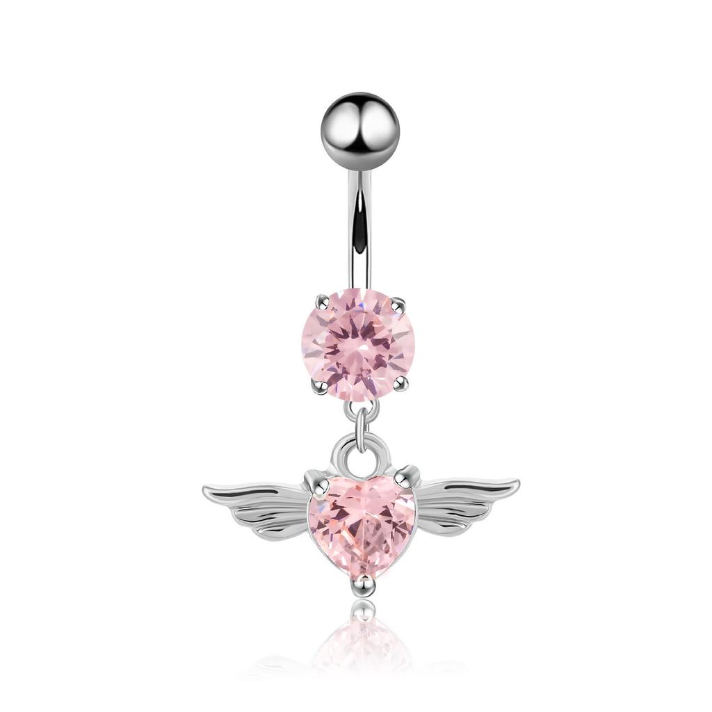 Angel Wing Feather Zircon Belly Ring with Heart-Shaped Diamond Buckle Piercing Jewelry