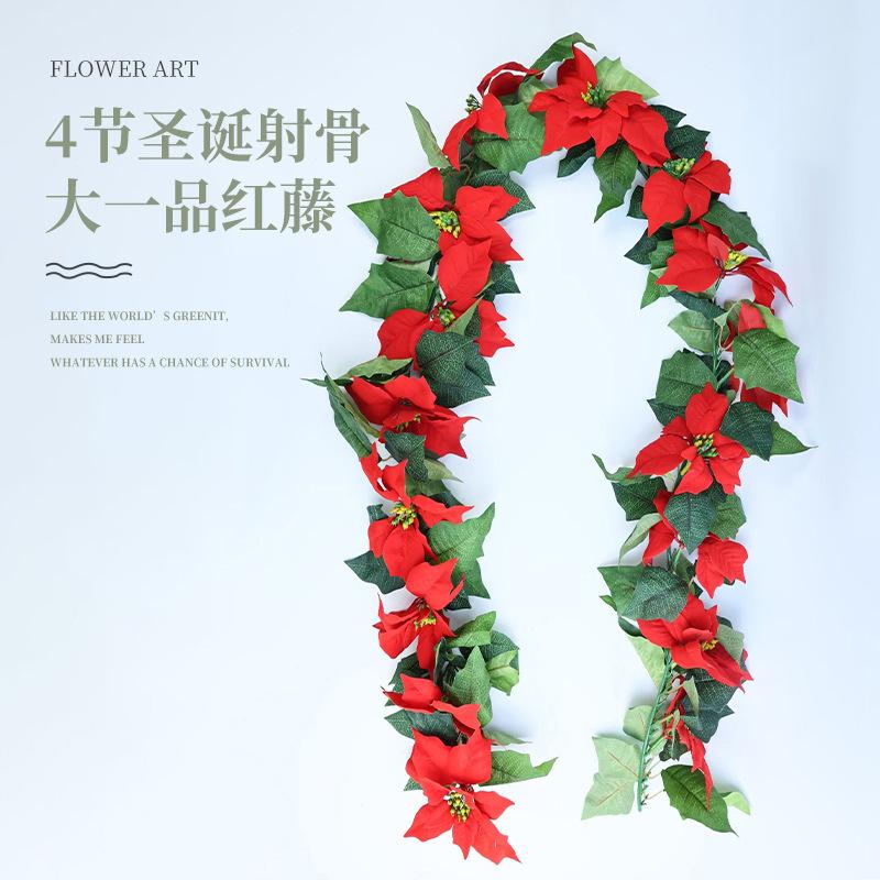 Christmas Atmosphere Arrangement, Wall Decoration, Simulated Christmas Rattan Flannel, Poinsettia Artificial Rattan