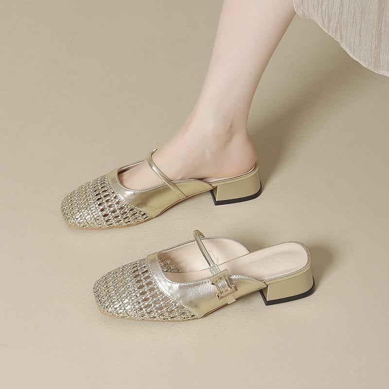 Wear Half Slippers 2025 New Hollow Bag Head Hollow Breathable Low Heel Inner Height Increase Woven Women's Summer High Heel Sandals