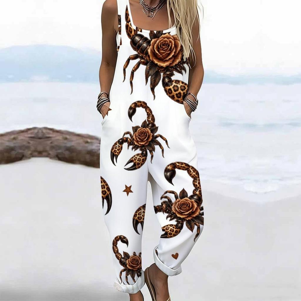 Women Plus Size Sleeveless Strap Jumpsuit White Leopard Football Helmet Print Loose Overalls With Pockets