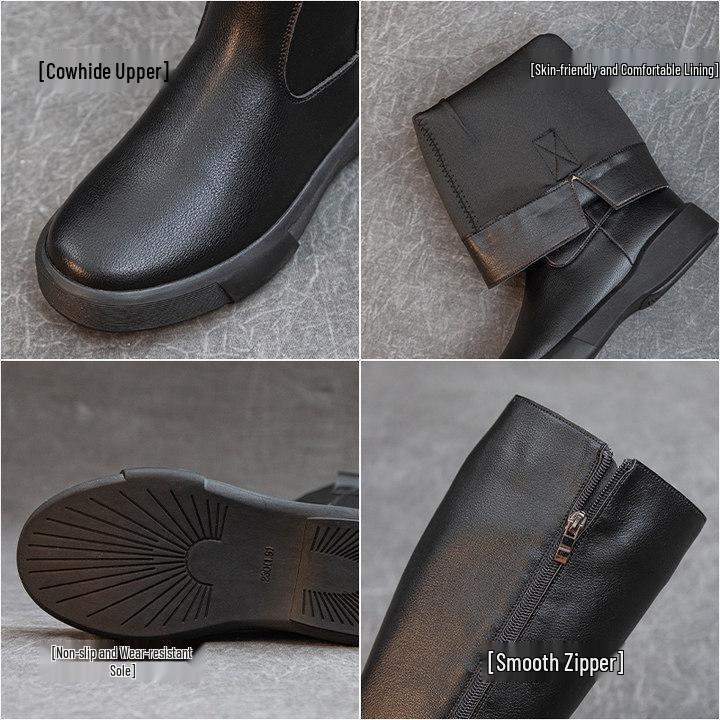 Women's Retro Leather Over-the-Knee Boots with Thick Sole and Velvet Lining - Versatile High-Top for Autumn/Winter