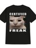 Europeiska storlekar Herr Casual Rundhalsad T-shirt medGrafiskt Tryck "Certified Freak" - Vit Kattdesign, Svart Kortärmad Tee