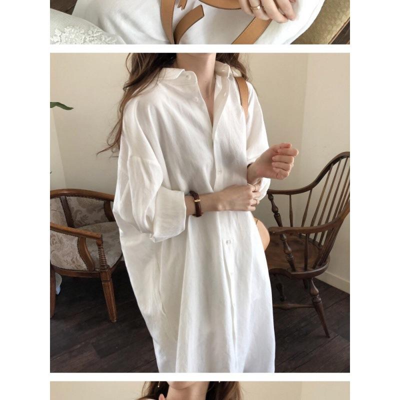 Korean Light and Elegant Lazy Style Super Long Shirt-style Long Dress Cotton and Linen Sunscreen Clothes Are Simple Over the Knee