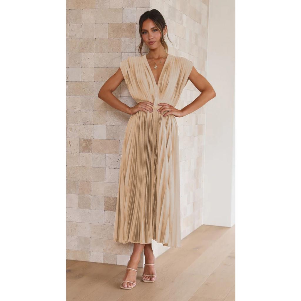 Women's V Neck Sleeveless Midi Dress Loose Mid Waist Pleated Satin Wedding Guest Sundress