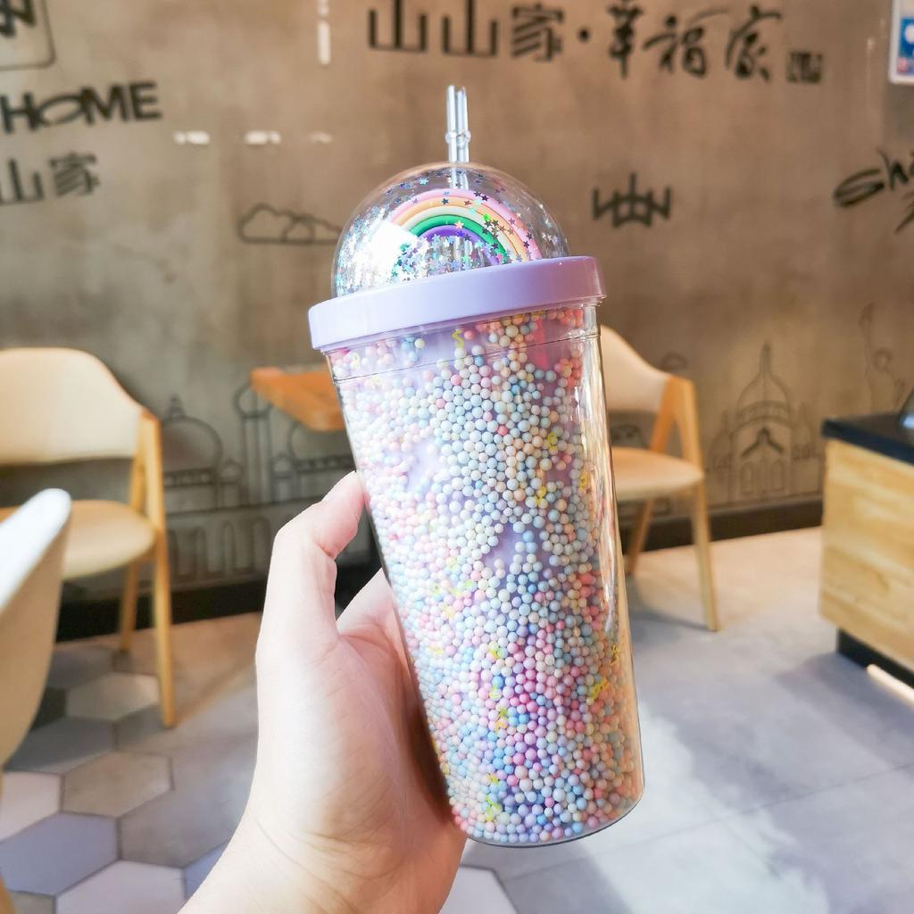 Cartoon Adorable Rainbow Cup with Straw Double Plastic BPA Free Woman Girl Water Bottle for Juice Milk Coffee 500ml Drinking Tumbler