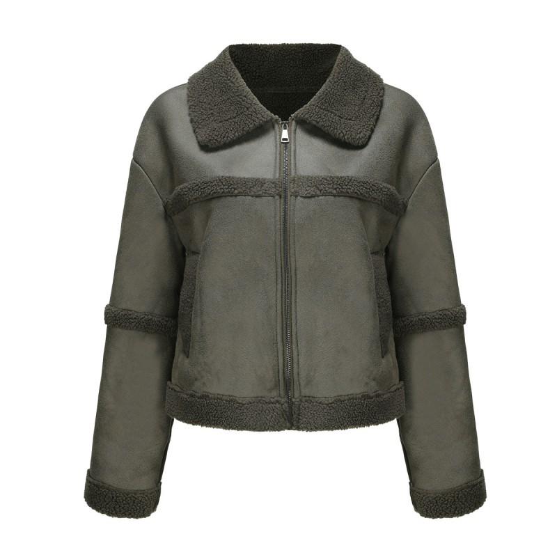 Womens Faux Leather Suede Jacket Winter Warm Lined Casual Windproof Coat Loose Fit