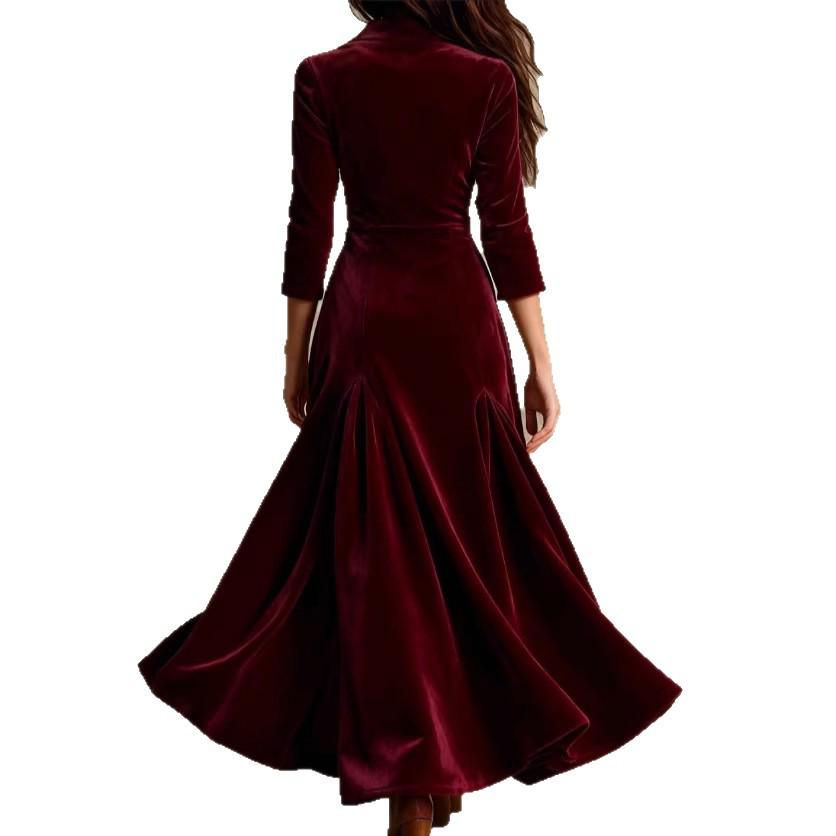Robe longue unie pour femme, style européen et américain, avec revers boutonnée, jupe évasée cintrée à la taille et manches sept-quarts, pour 2025.