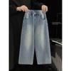 Girls Stamping Jeans Spring Autumn Children's Loose Straight Leg Pants Korean Version Girl Wide Leg Pants