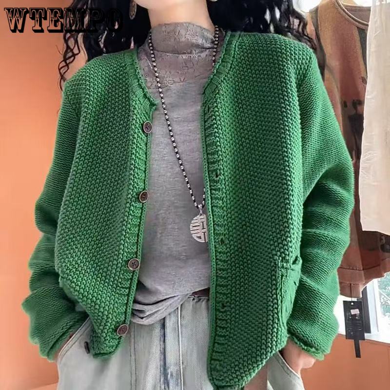 Round-neck Long-sleeved Knitted Cardigan Sweater Jacket for Women Spring New Korean Style Loose Top