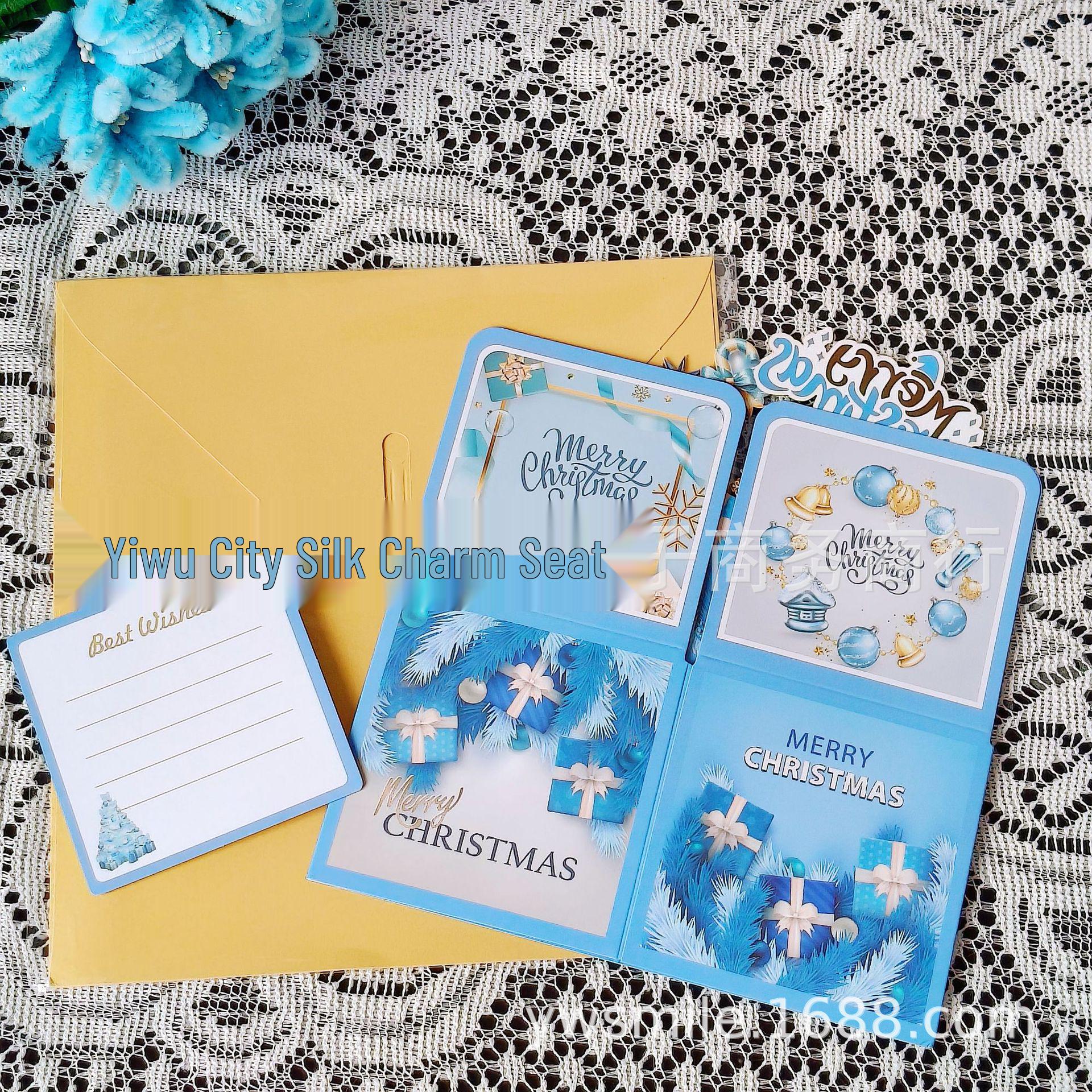 3D Blue Pop-Up Christmas and New Year Greeting Card with Hollow-Out Paper Sculpture