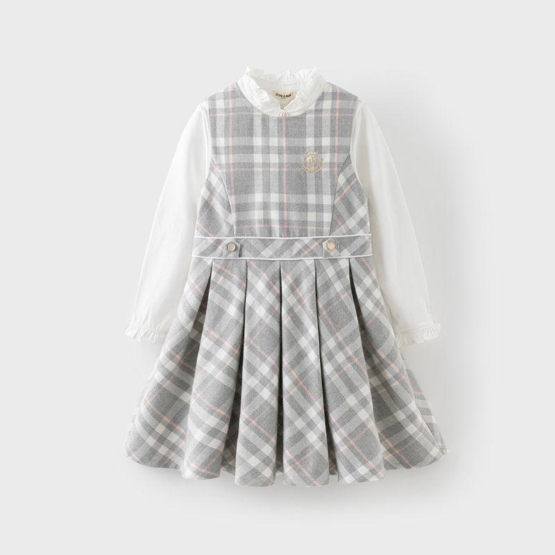 David Bella Girls  Vest Dress Children s Plaid Dress New Spring Girls  Pleated Skirt Children s Long Dress Light Gray Grid [Ready in Stock] 110