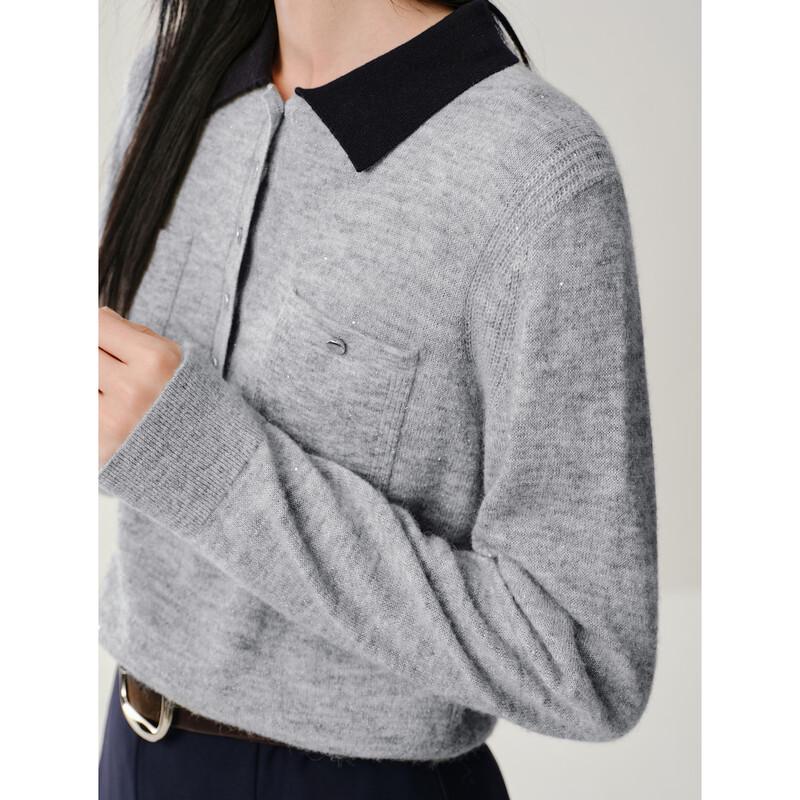 Women's Color-block Polo Collar Wool Blend Knit Sweater