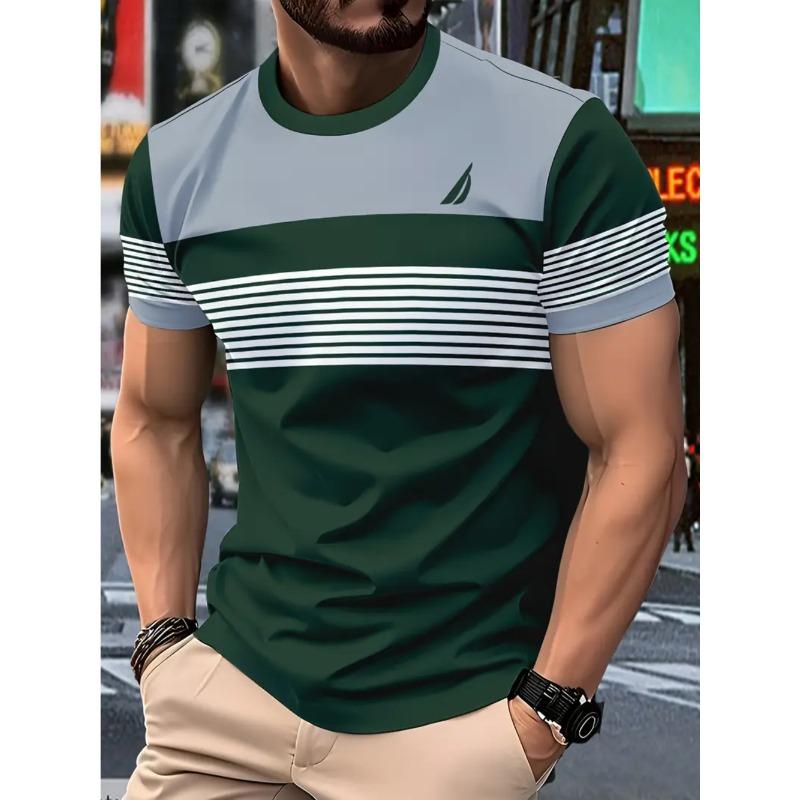 Men's Summer Casual Business Stretch Plus Size 3D Striped Printed T-shirt- Soft Medium Stretch Polyester Fabric Summer Mens Relaxed Fit Clothing