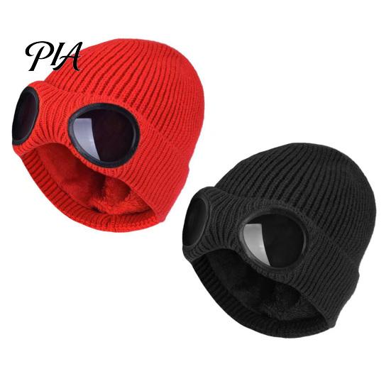 Warm Hat for Most Head Sizes 2Pcs Fleece Lined Hats with Goggles, Winter Knit Casual Accessory Outdoor Activities Hats, Windproof Skiing Caps
