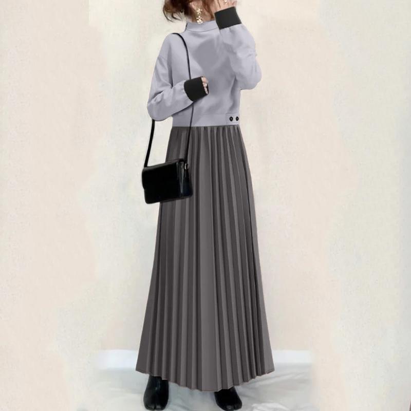 ZANZEA Women Casual Stand Collar Long Sleeve Loose Patchwork Pleated Long Dress S серый