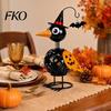 Fall Harvest Decorations Halloween Metal Crow Pumpkin Figurine, Wrought Iron Raven Statue with Witch Hat, Spooky Decor LED Candle Holder