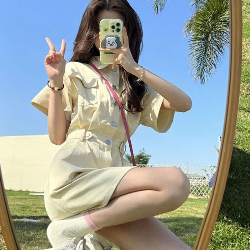 Women's New Young Style Skinny Button Streetwear Fashion Casual Solid Simplicity Pockets Turn-down Collar Dresses