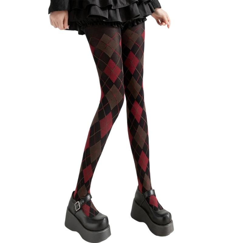 Dames Argyle Ruitpatroon Panty Ademend Nylon Stof OnDoorzichtig Maillot Kousen Stijlvolle Contrastkleur Leggings
