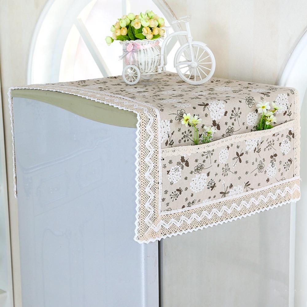Cotton Linen Refrigerator Dust Cover with Pocket Printed French Door Refrigerator Cloth Lace Trim Fridge Protection Cover