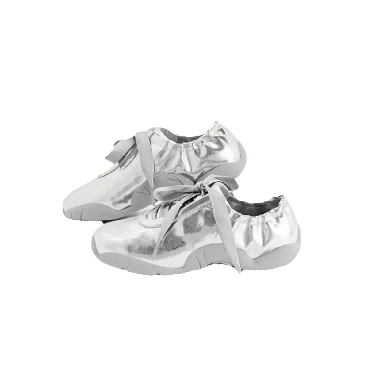 

jw серебряные балетки с ремешками 2025 новый спортивный стиль платформа подошва шнуровка мода мягкая подошва повседневная обувь одиночные туфли женские 40