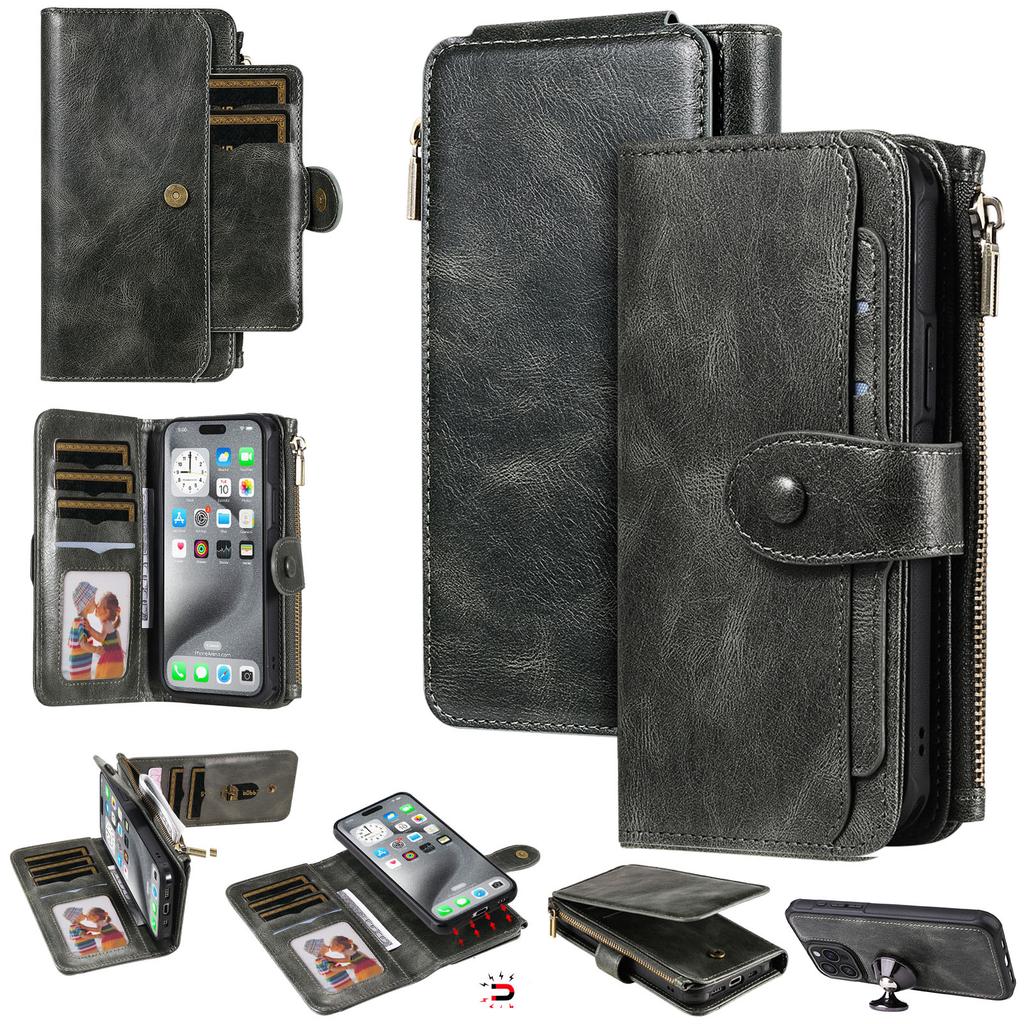 For iPhone 16 Pro Max Magnetic Case Detachable PU Leather Zipper Wallet Cover