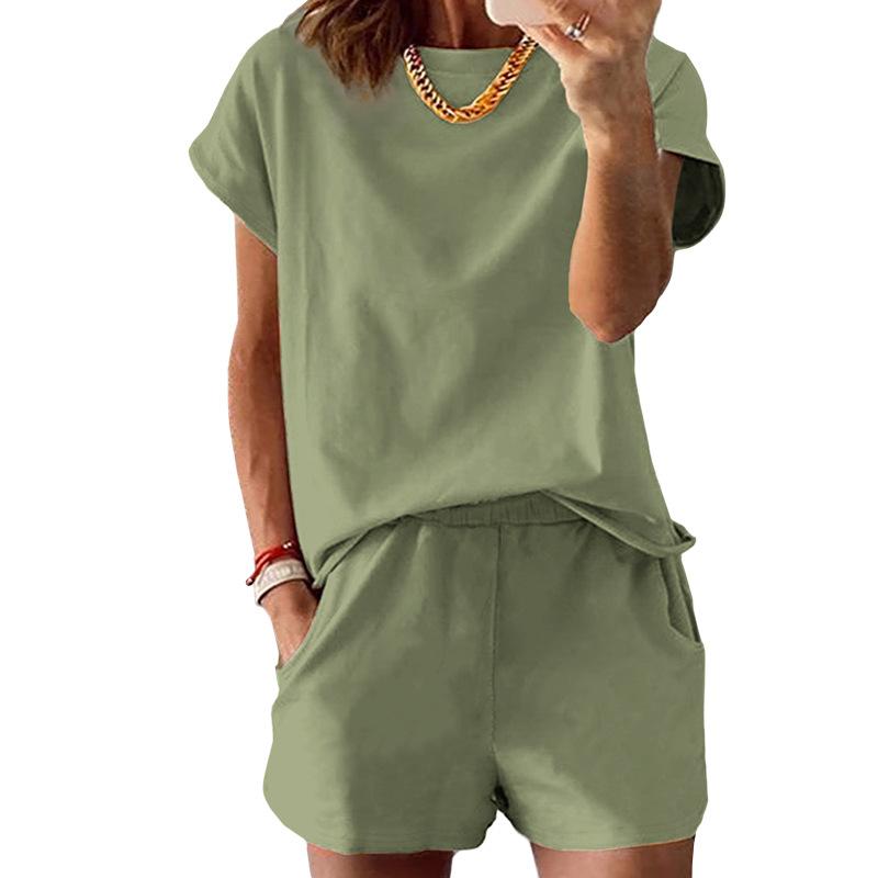 Spring/Summer Solid Color Multi-Color Choice Short-Sleeved T-Shirt + Shorts Set Women'S Casual Comfortable Two-Piece
