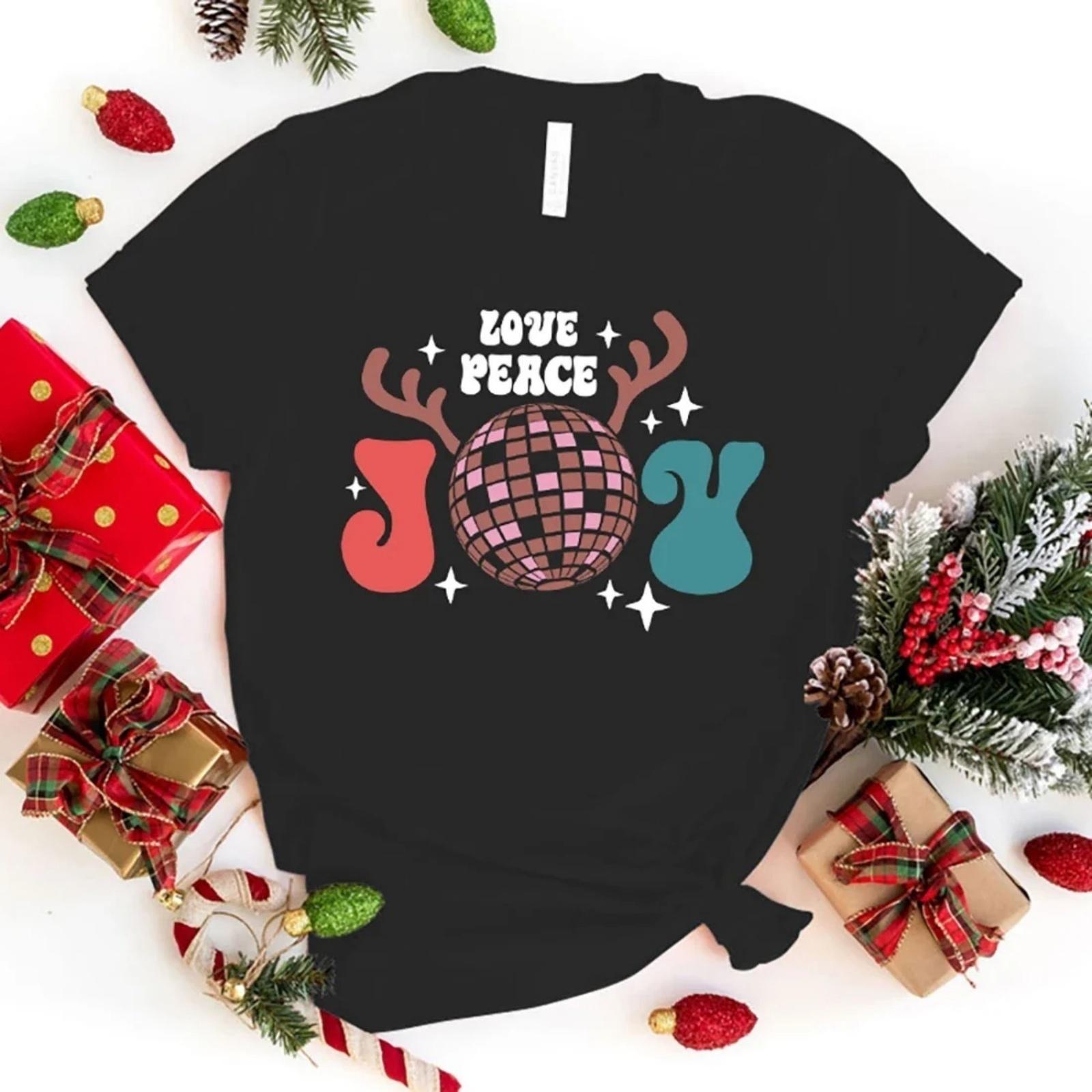 

Funny Christmas Love Peace Joy Print T-Shirt Letter Print T Shirt Women Men Short Sleeve Loose Shirts XXXXXL чорний