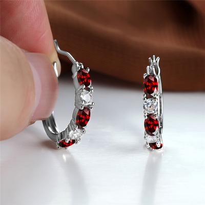 Oval Royal Blue Red Pink Purple Green Stone Round Hoop Earrings For Women Silver Color White Zircon Small Wedding Jewelry
