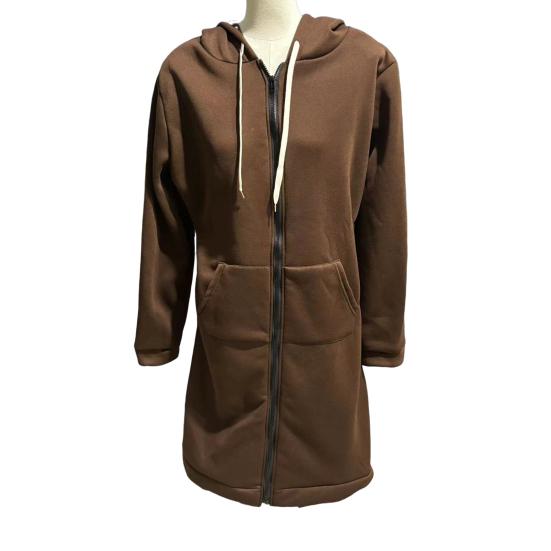 Women Sweatshirt Coat Hooded Adjustable Drawstring Long Sleeve Coat with Pockets Solid Color Mid-length