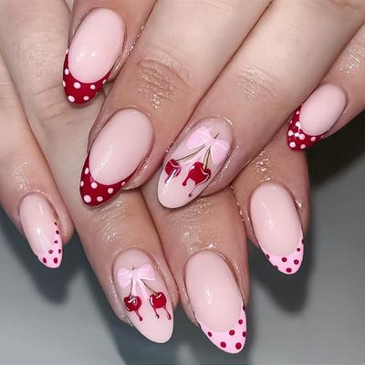 Valentine's Day Red Polka Dot Cherry Bow French Tip Nail Set - 24 Removable Wearable Nails