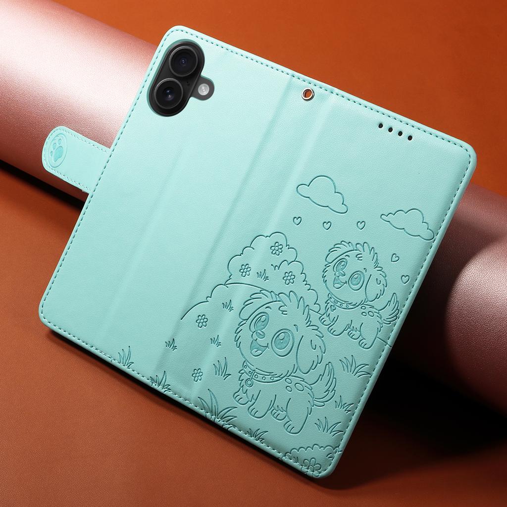 For iPhone 16 Case RFID Blocking Imprinted Dog Pattern PU Leather Phone Cover with Wrist Strap